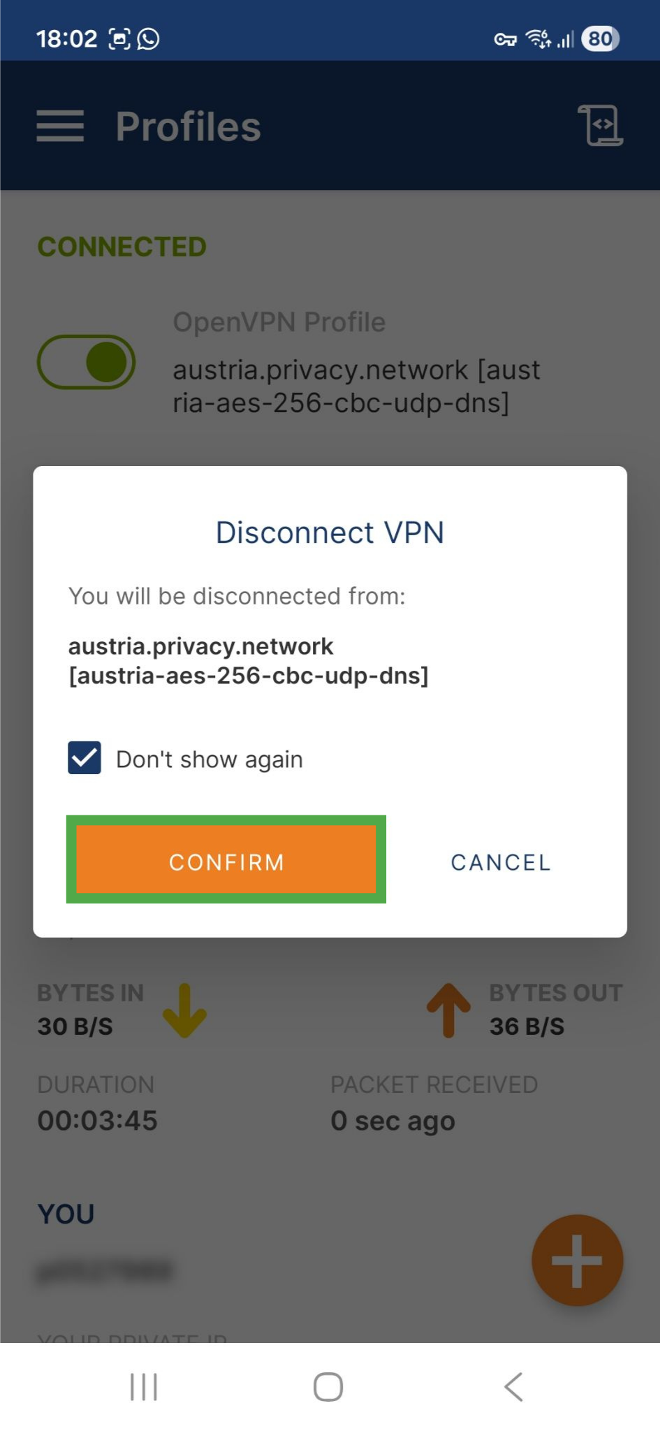 OpenVPN Connect app interface on Android, showing a confirmation window for terminating a VPN connection. The "CONFIRM" button is highlighted.