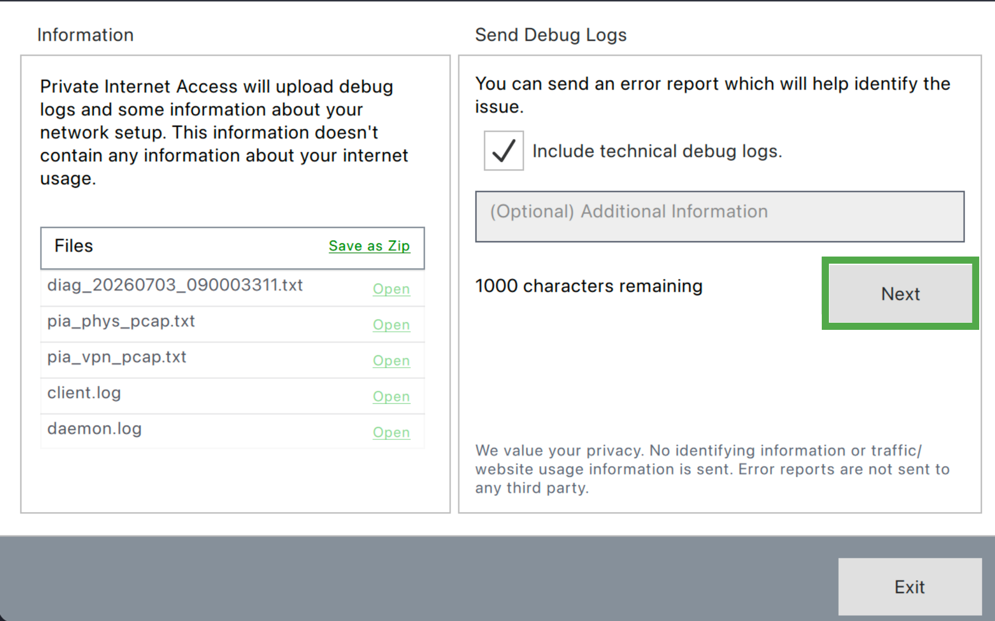PIA app Send Debug Logs screen with Next option highlighted.