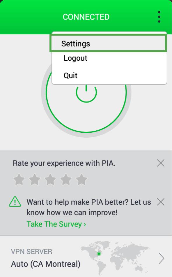 PIA app with Settings option highlighted.