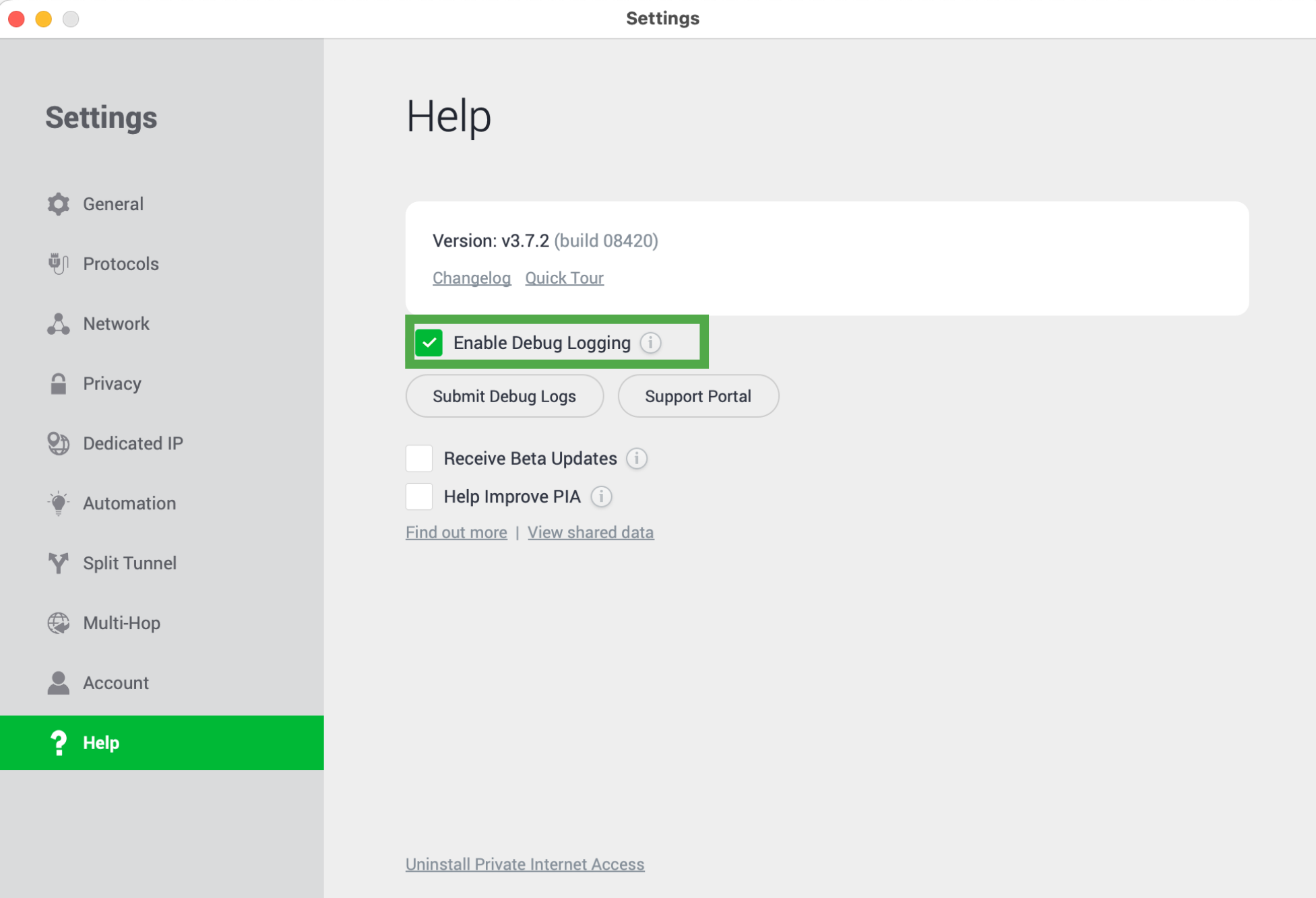 PIA app Help Settings with Enable Debug Logging option highlighted.