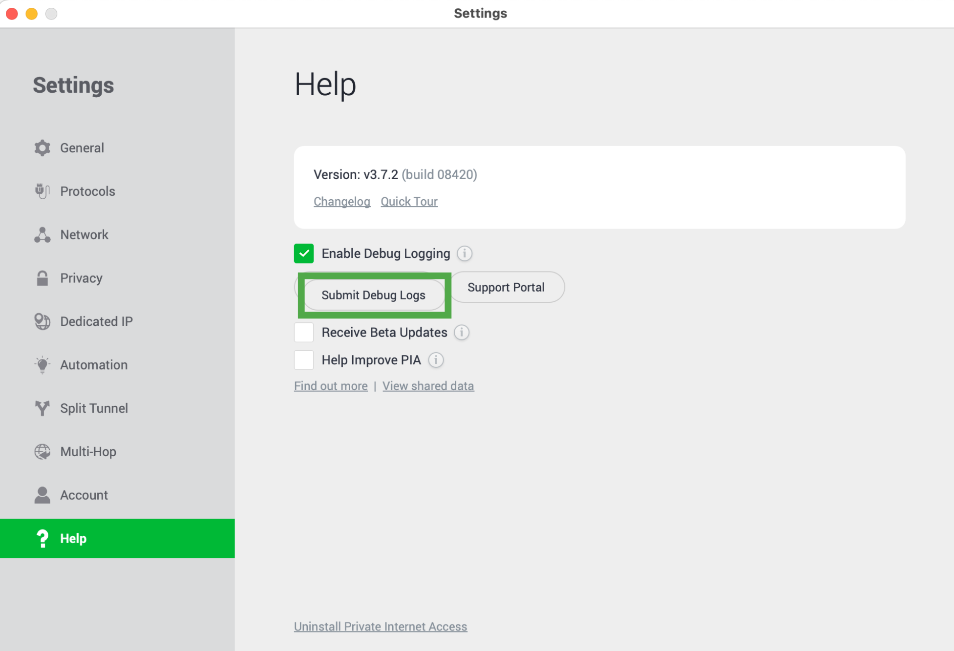 PIA app Help Settings with Submit Debug Logs option highlighted.