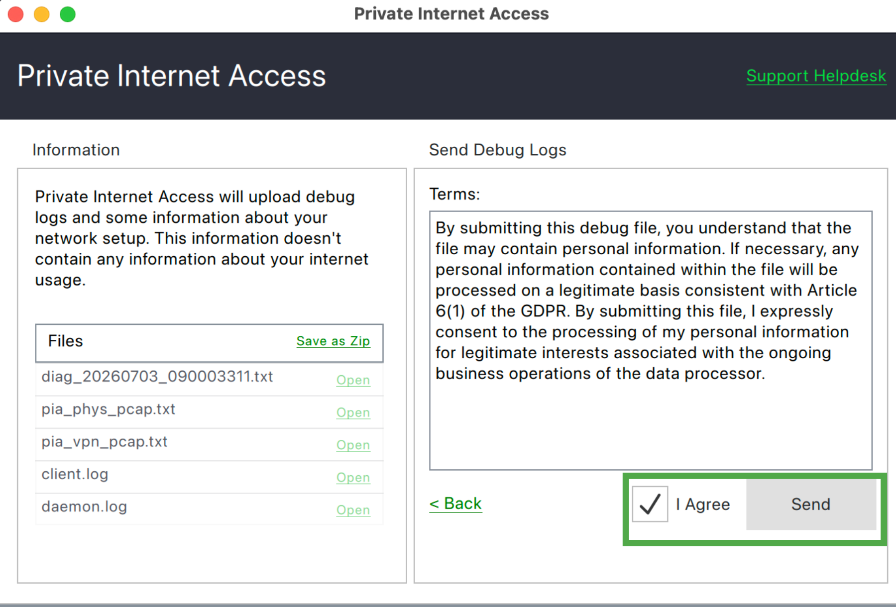 PIA app Send Debug Logs screen with I Agree box and Send button highlighted.