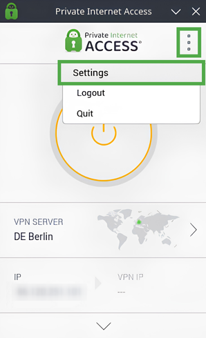 Main menu and settings navigation in the PIA VPN desktop app.