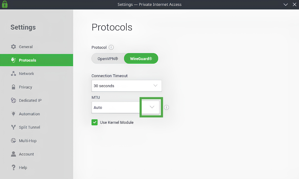 PIA VPN protocol MTU menu.