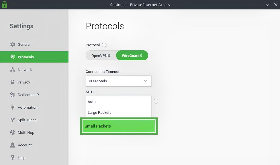 How to enable small data packets in PIA VPN on desktop.