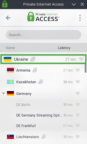 PIA VPN server list with locations organized by latency.