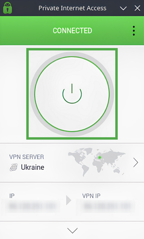 PIA VPN dashboard showing an active connection with a green power button.