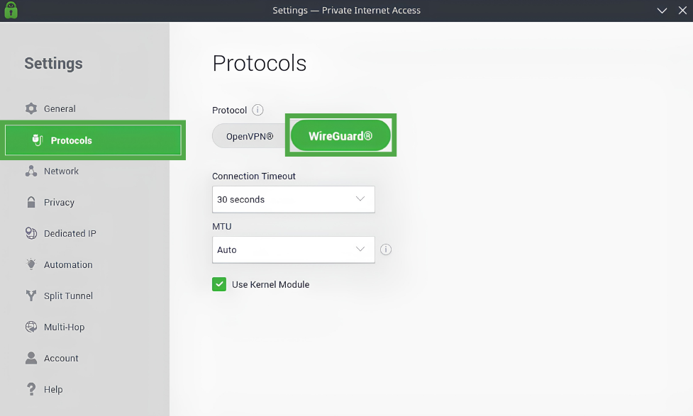 PIA VPN protocol settings with OpenVPN and WireGuard options.
