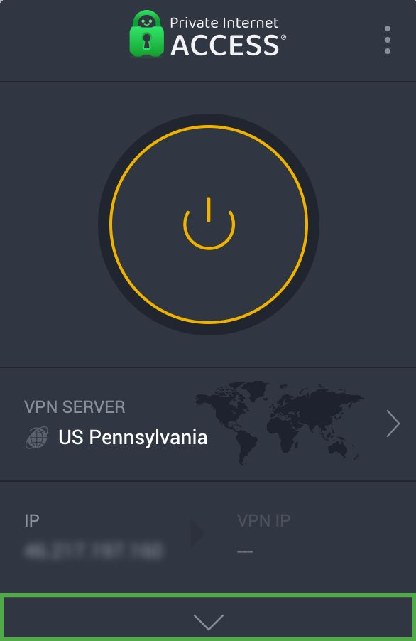 PIA's main screen, with a highlighting down arrow option.