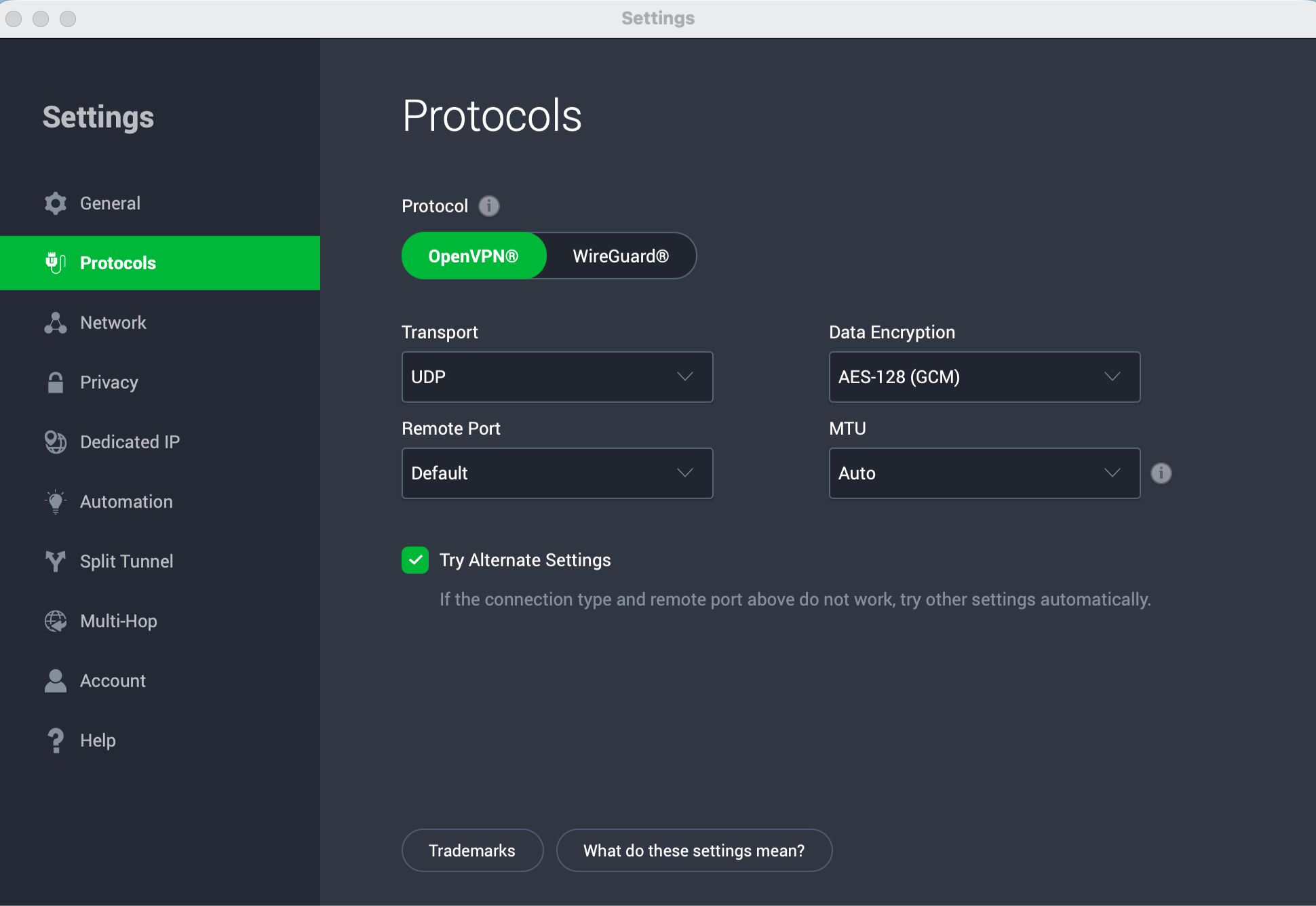 The Protocols tab in PIA's Settings menu on desktop.