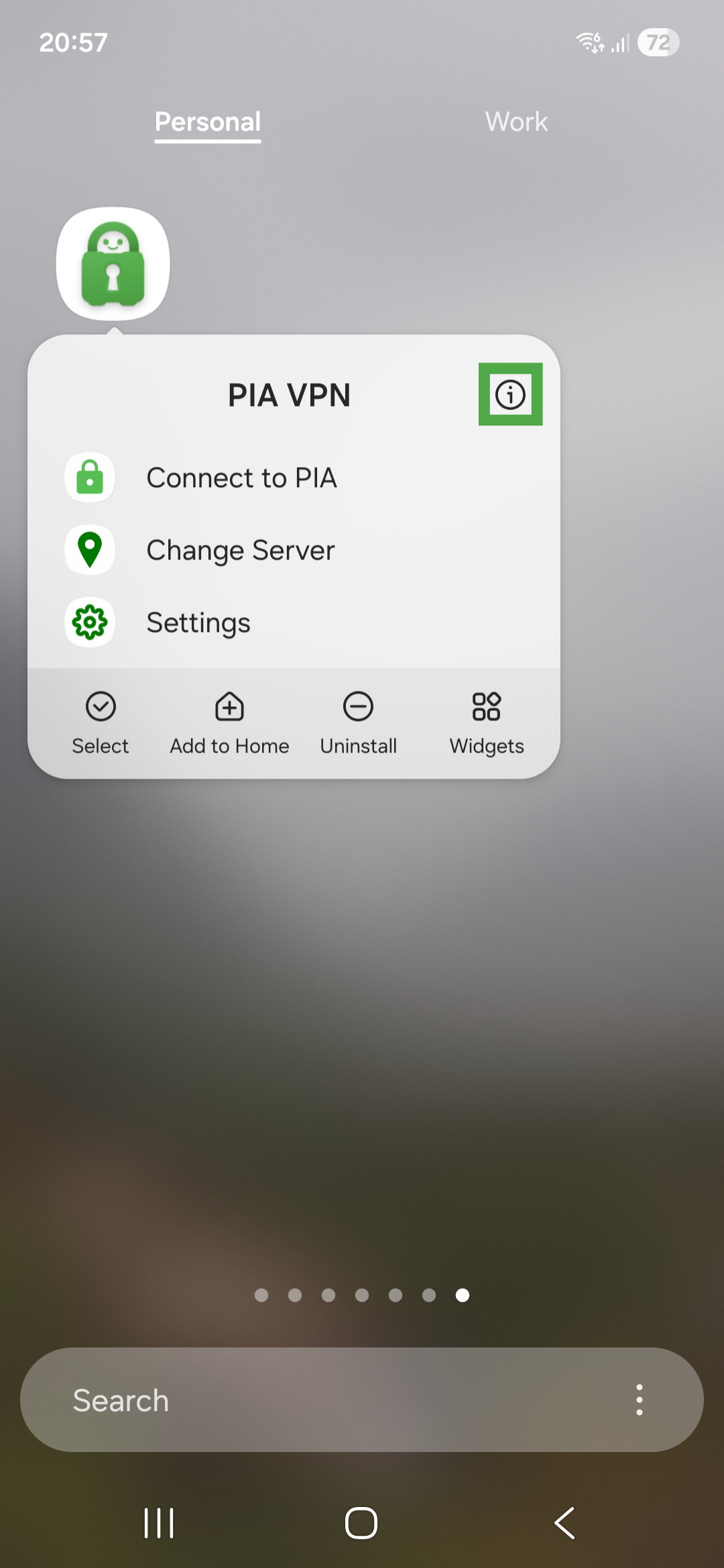 Android home screen, showing the quick menu for the Private Internet Access app. The information icon is highlighted.