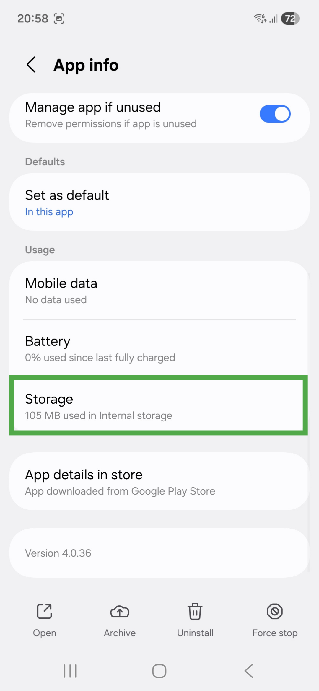 App info page for the Private Internet Access app on Android. The "Storage" option is highlighted.
