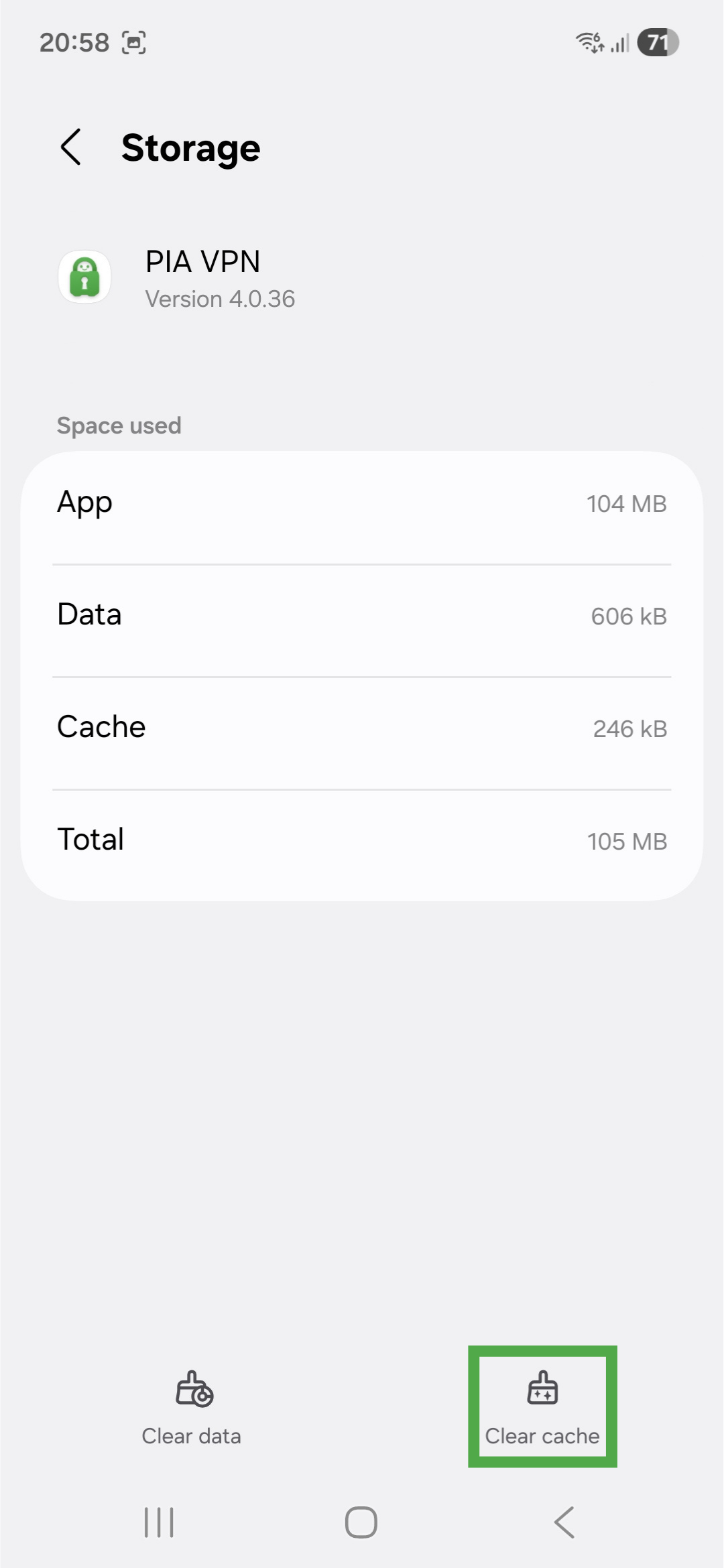 Storage page for the Private Internet Access app on Android. The "Clear cache" option is highlighted.