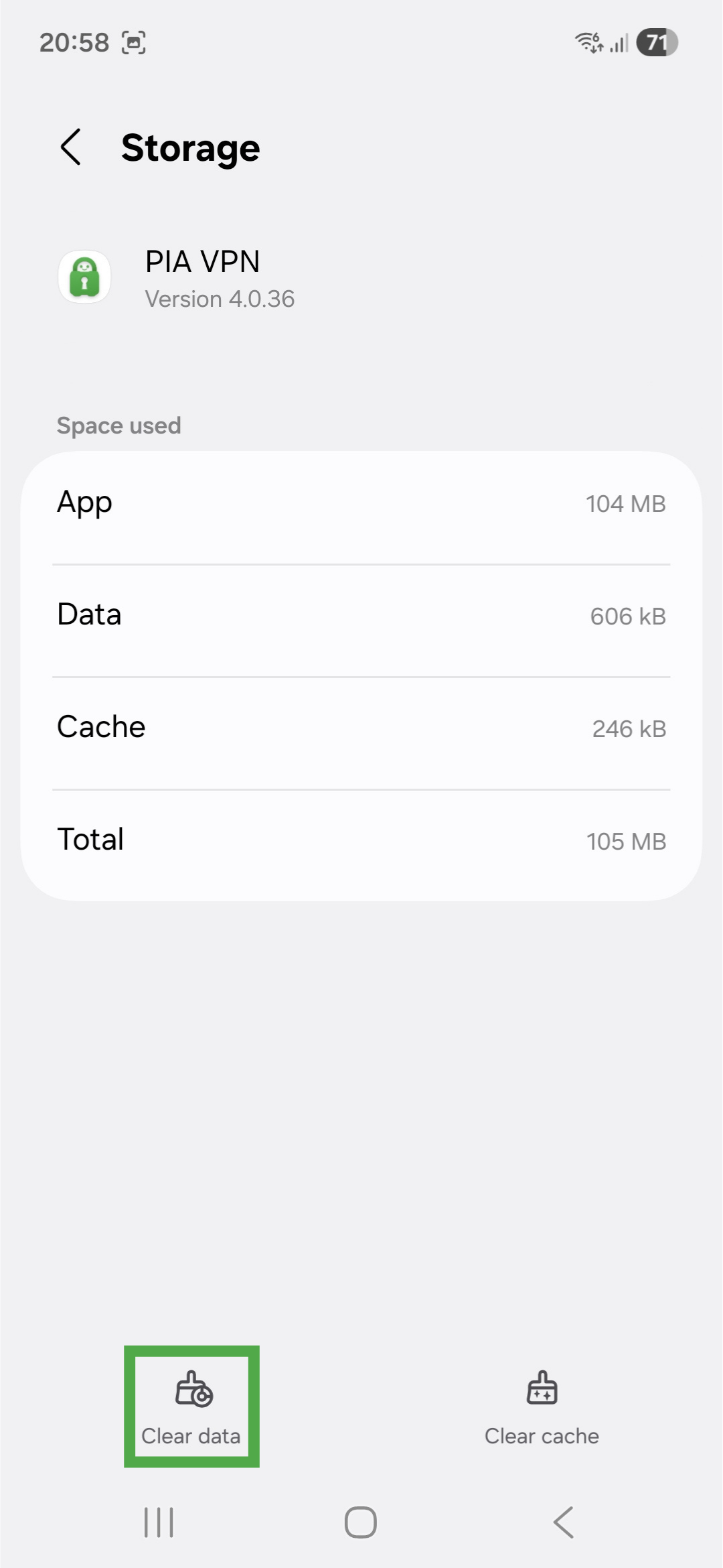 Storage page for the Private Internet Access app on Android. The "Clear data" option is highlighted.