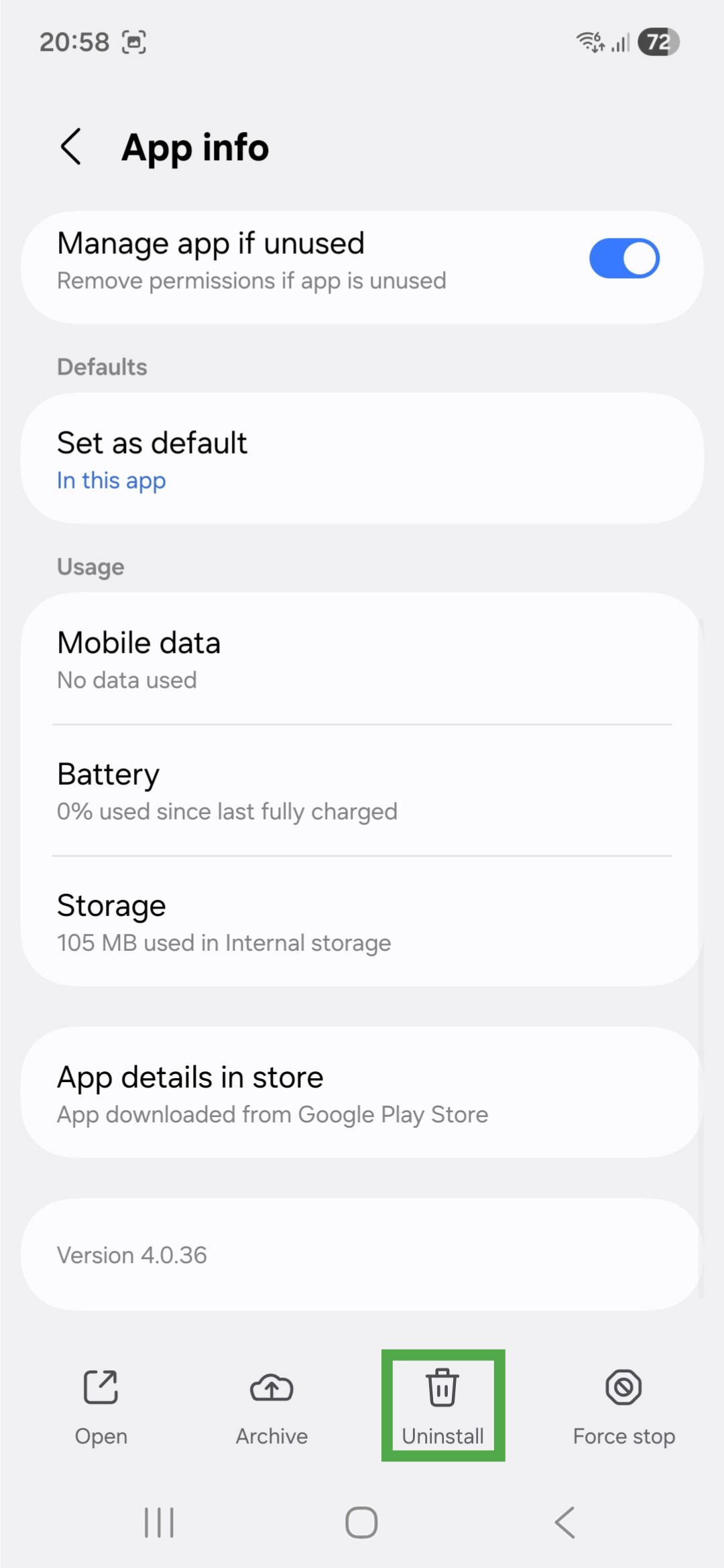 App info page for the Private Internet Access app on Android. The "Uninstall" option is highlighted.