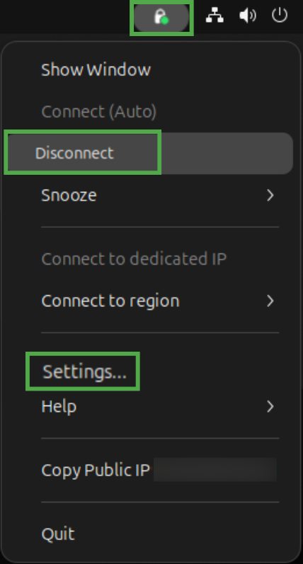 PIA in the system tray showing the "Disconnect" and "Settings" options highlighted.