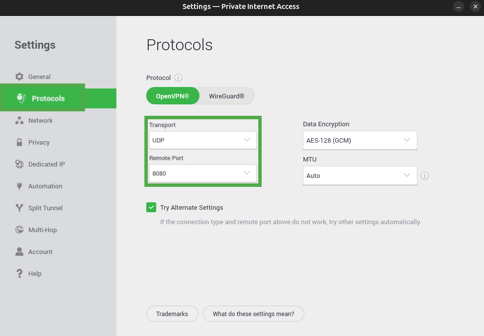 PIA settings showing the "Protocols" settings tab and the "Transport" and "Remote Port" options highlighted.