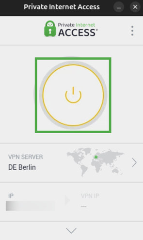 PIA app showing the power button highlighted.