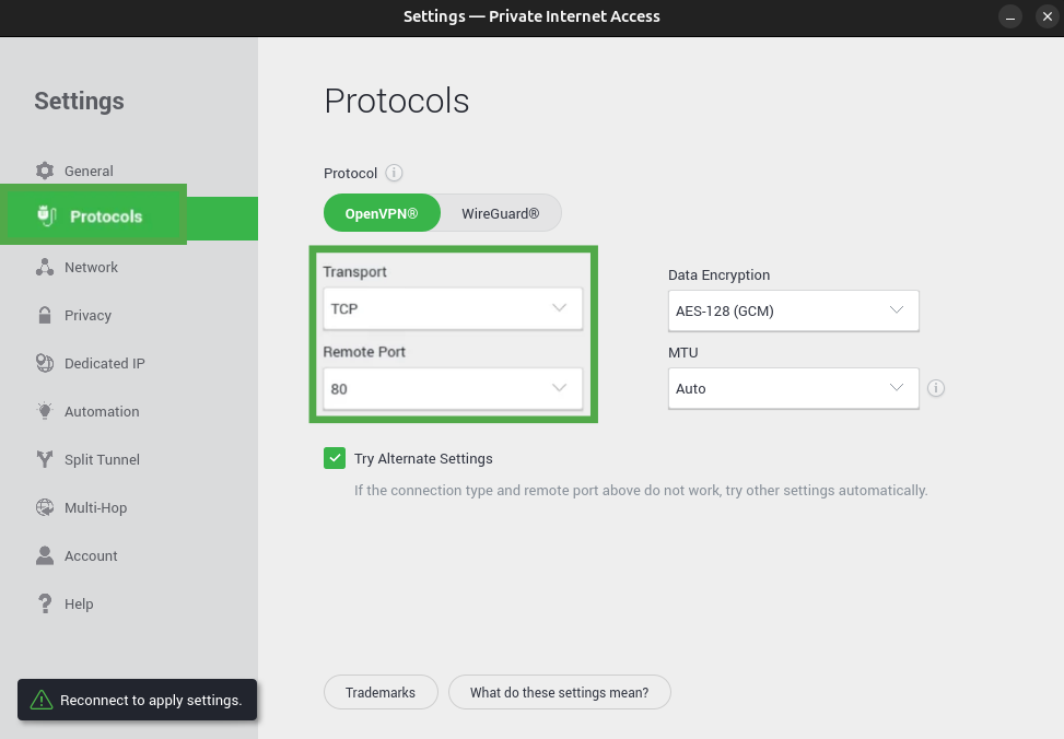 PIA settings showing the "Protocols" settings and the "Transport" and "Remote Port" options highlighted.