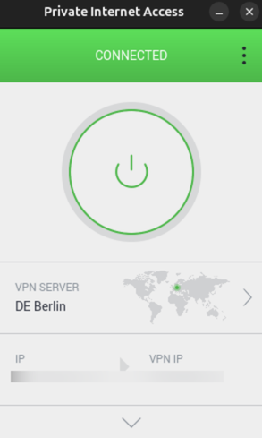 PIA app showing the VPN connected.
