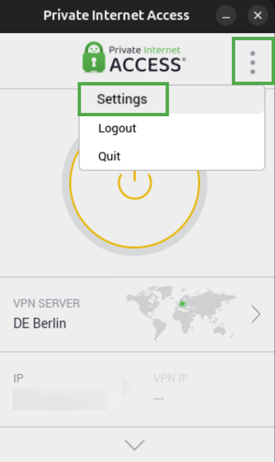 PIA app showing the three-dot icon and the "Settings" icon highlighted.