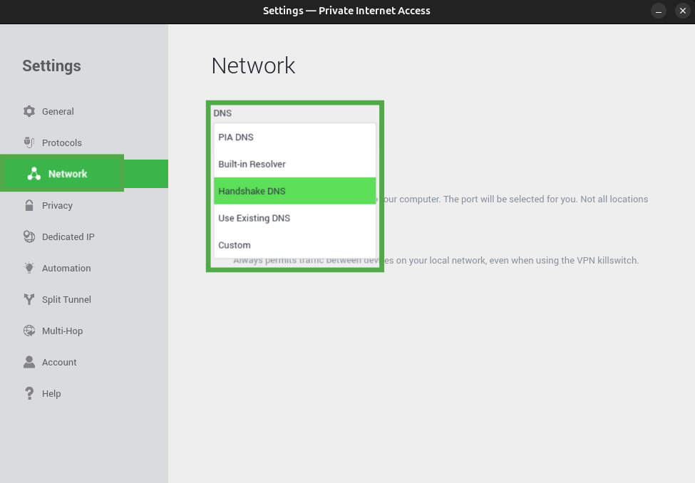 PIA settings showing the "Network" and the "DNS" options highlighted.