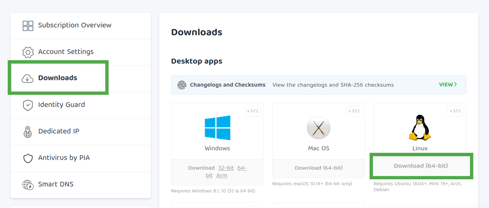 PIA website showing the "Downloads" and the Linux download link highlighted.