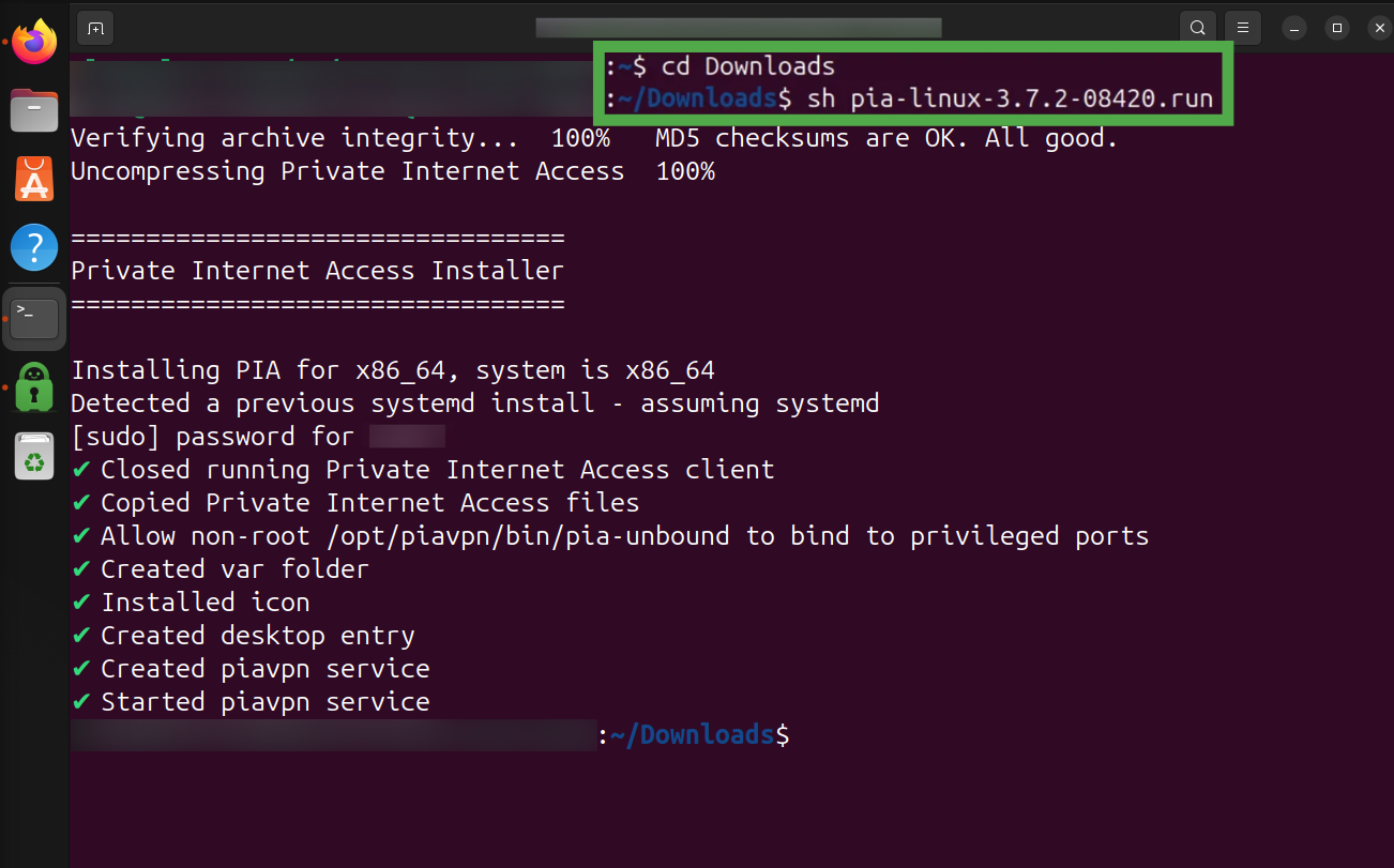 Linux terminal showing the commands necessary to install PIA.