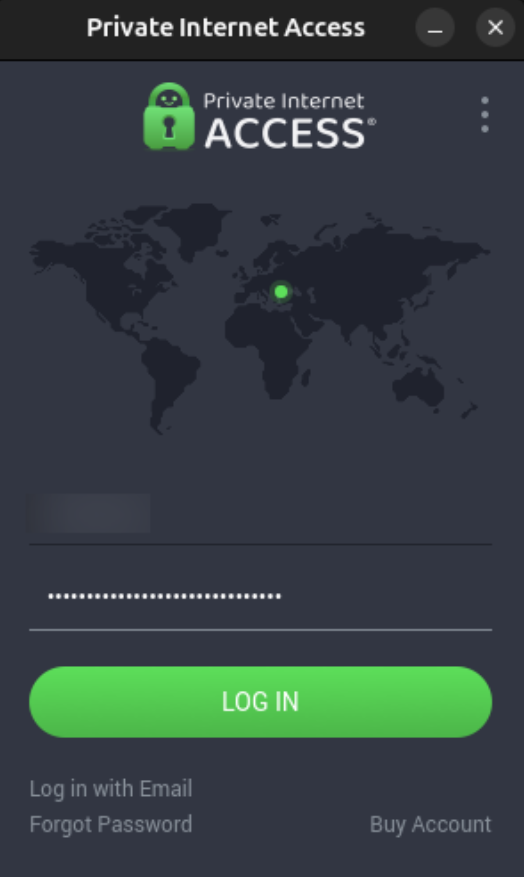 PIA app showing the login screen with the credentials filled in.