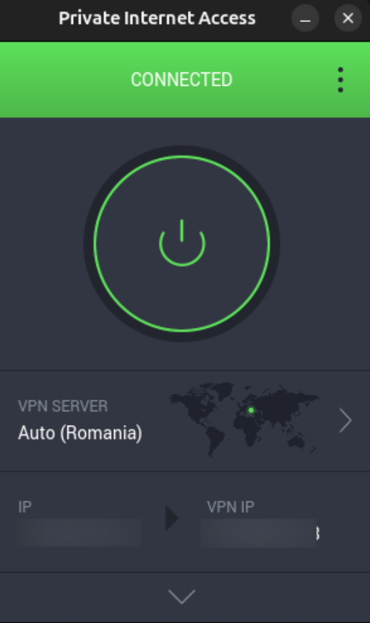 PIA app showing the connection status.