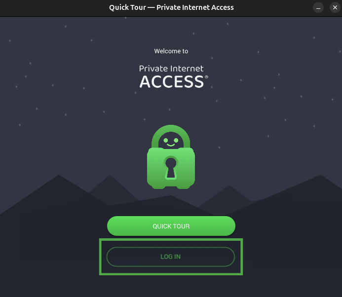 PIA desktop app showing the "Log In" option highlighted.