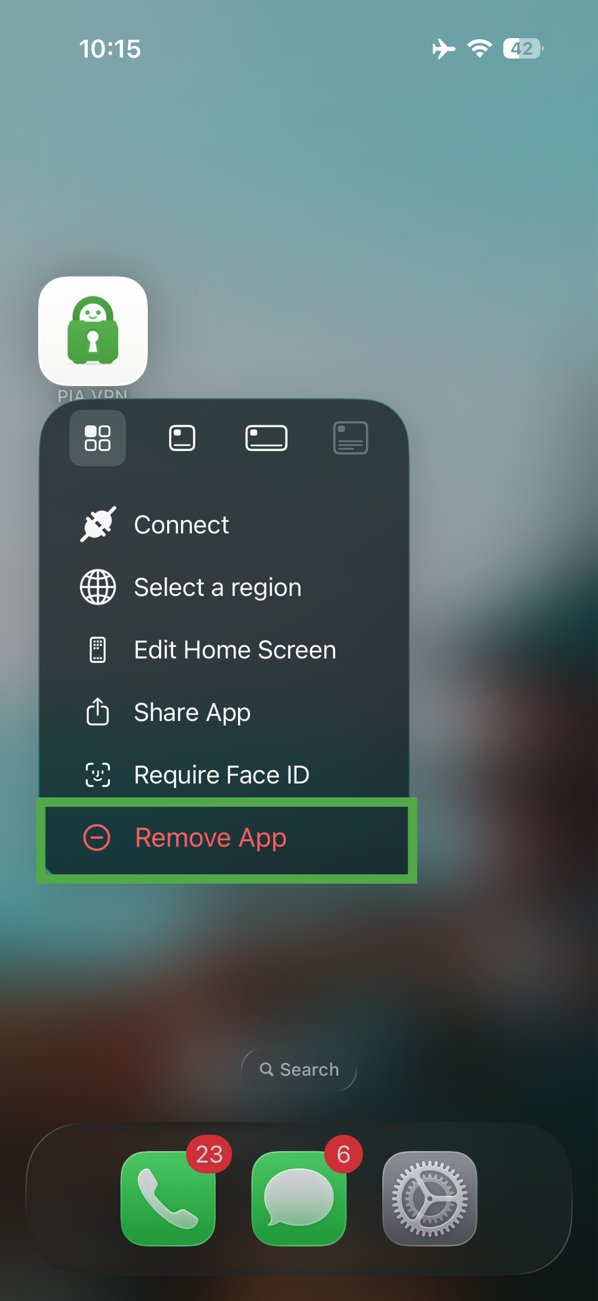 iPhone quick actions menu with the Remove App option displayed for the PIA VPN app.