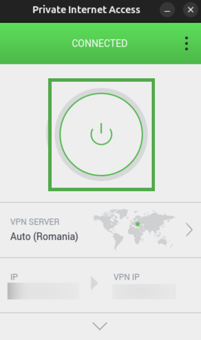 PIA app showing the power button highlighted.