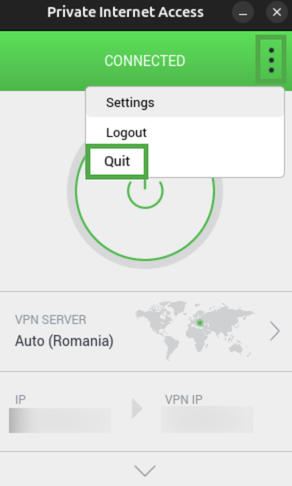 PIA app showing the three-dot icon and the "Quit" option highlighted.