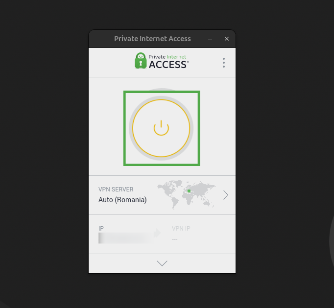 PIA app on Linux showing the power button highlighted.