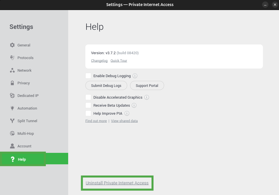 PIA settings on Linux showing the "Help" and "Uninstall Private Internet Access" option highlighted.