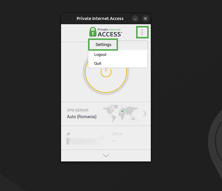 PIA app on Linux showing the three-dot icon and the "Settings" option highlighted.