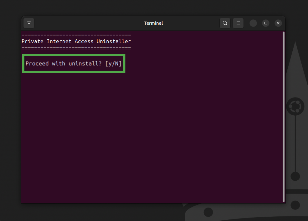 Linux terminal showing the PIA uninstallation confirmation screen.