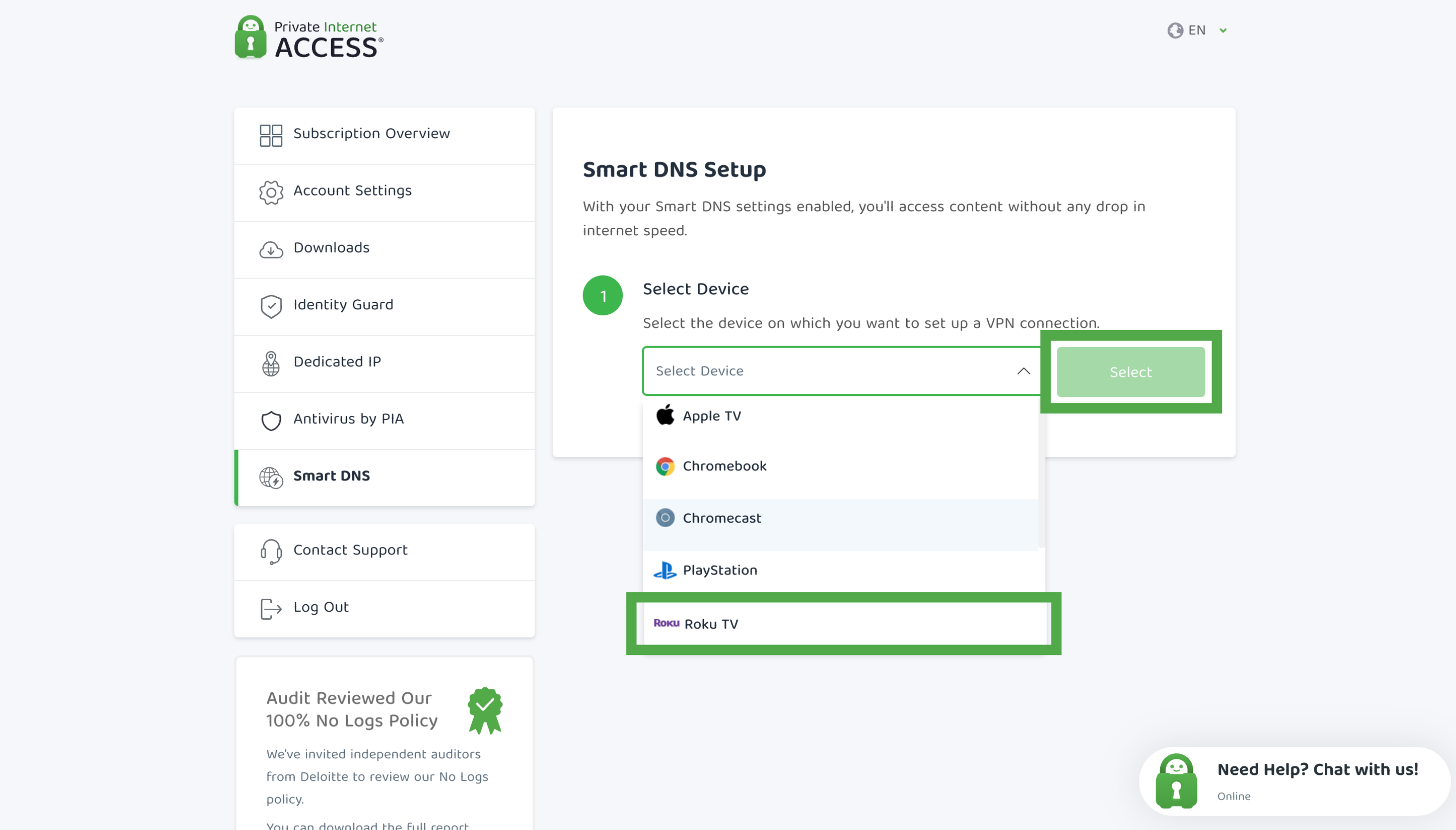 Roku TV highlighted in the Smart DNS device selection list.