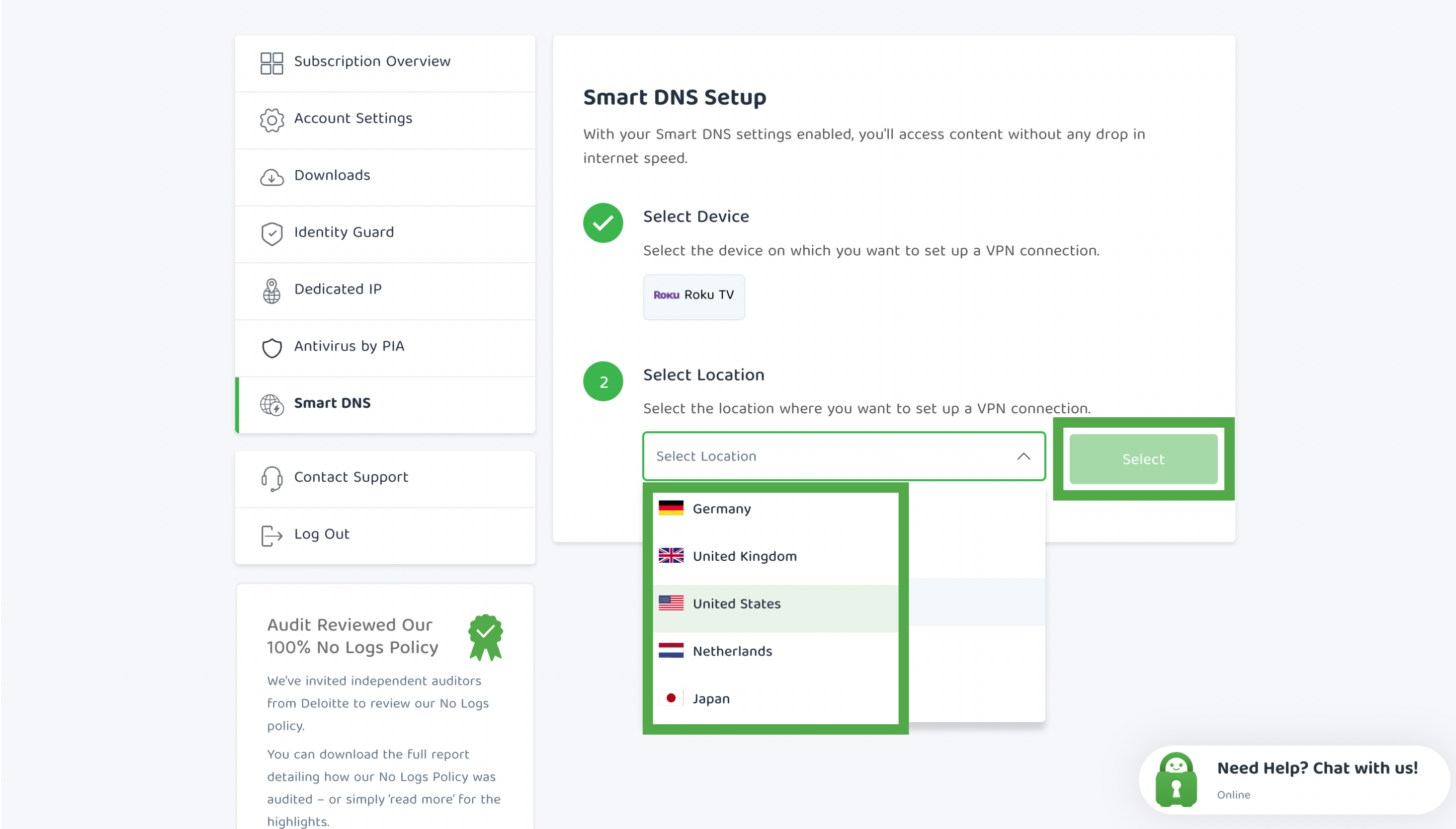 Smart DNS location list and Select button highlighted.