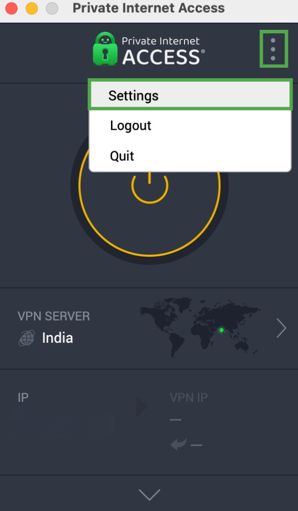 PIA app menu open with Settings selected from the three-dot menu.