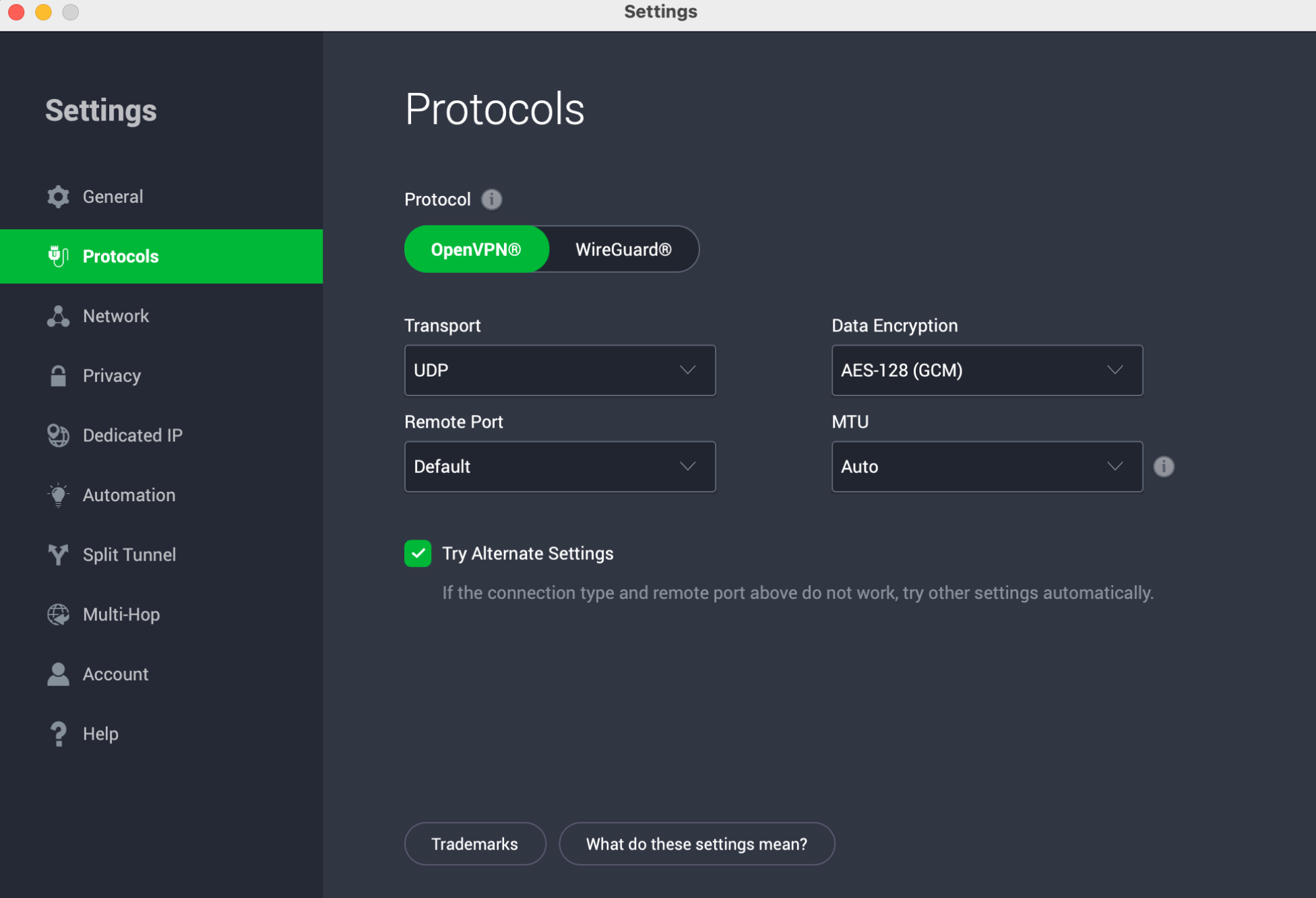 PIA Protocols settings showing UDP selected, Remote Port set to Default, and Try Alternate Settings enabled.
