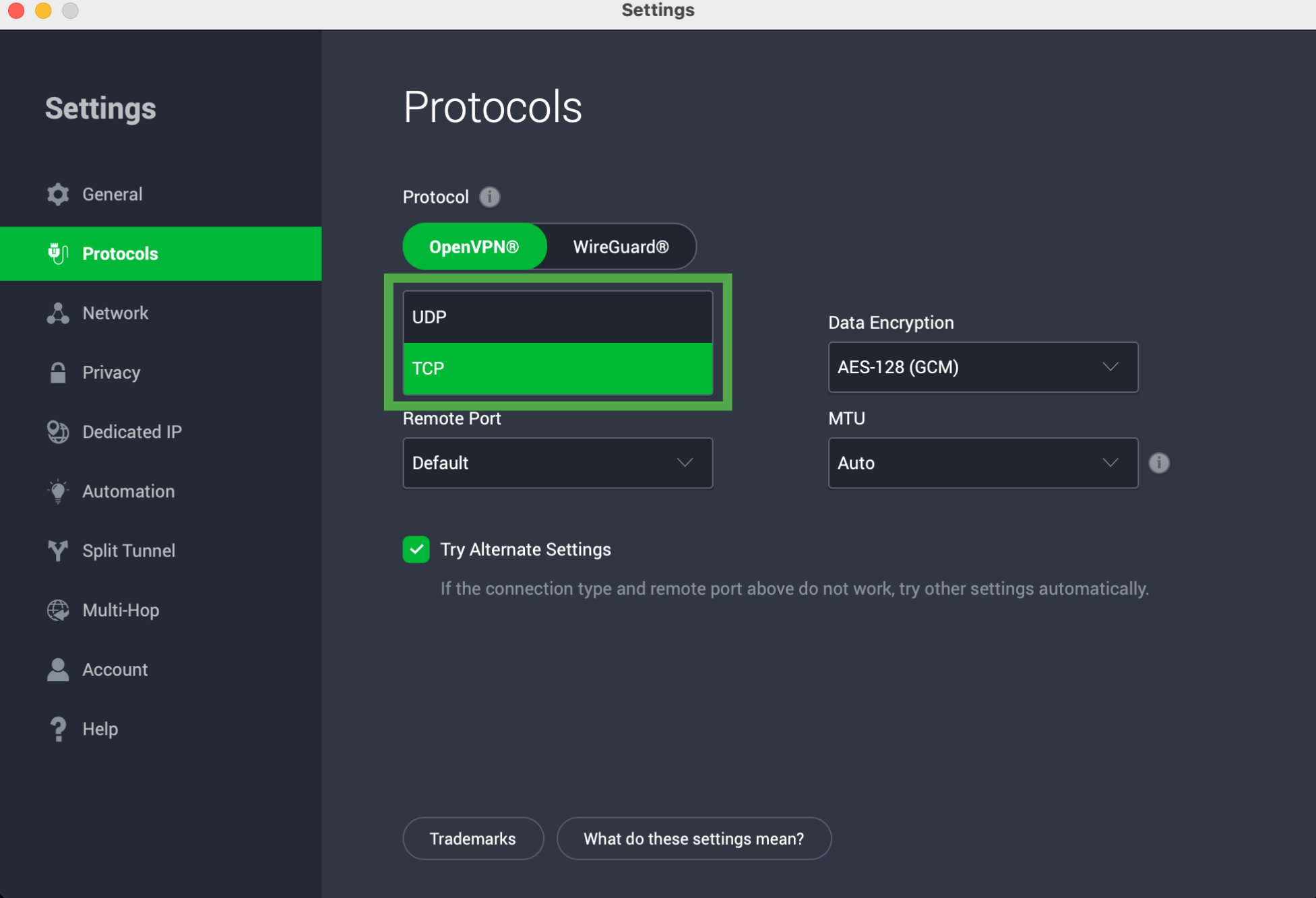 PIA Protocols settings showing UDP selected and the Remote Port menu open with port 8080 highlighted.