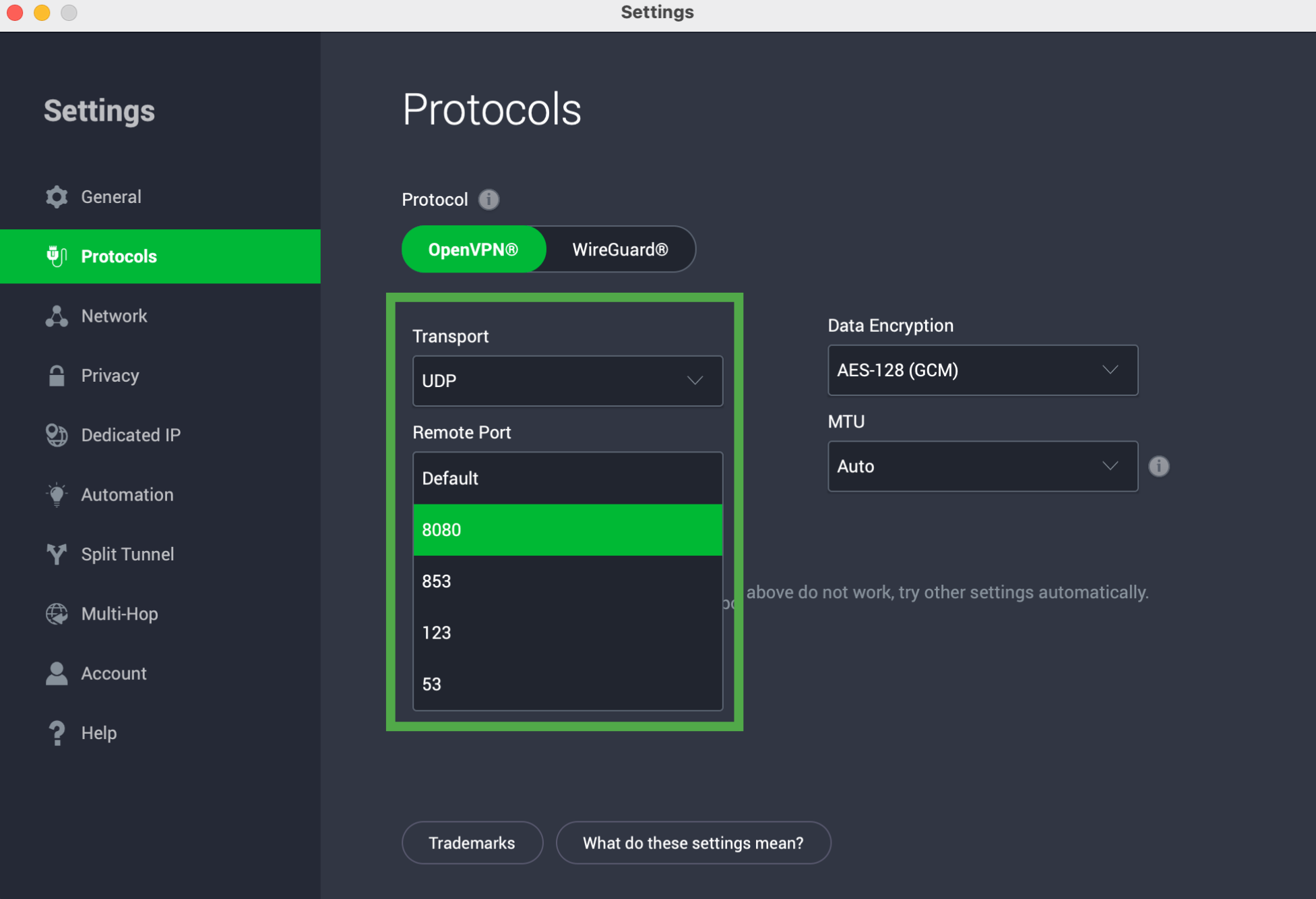 PIA Protocols settings showing UDP selected and the Remote Port menu open with port 8080 highlighted.