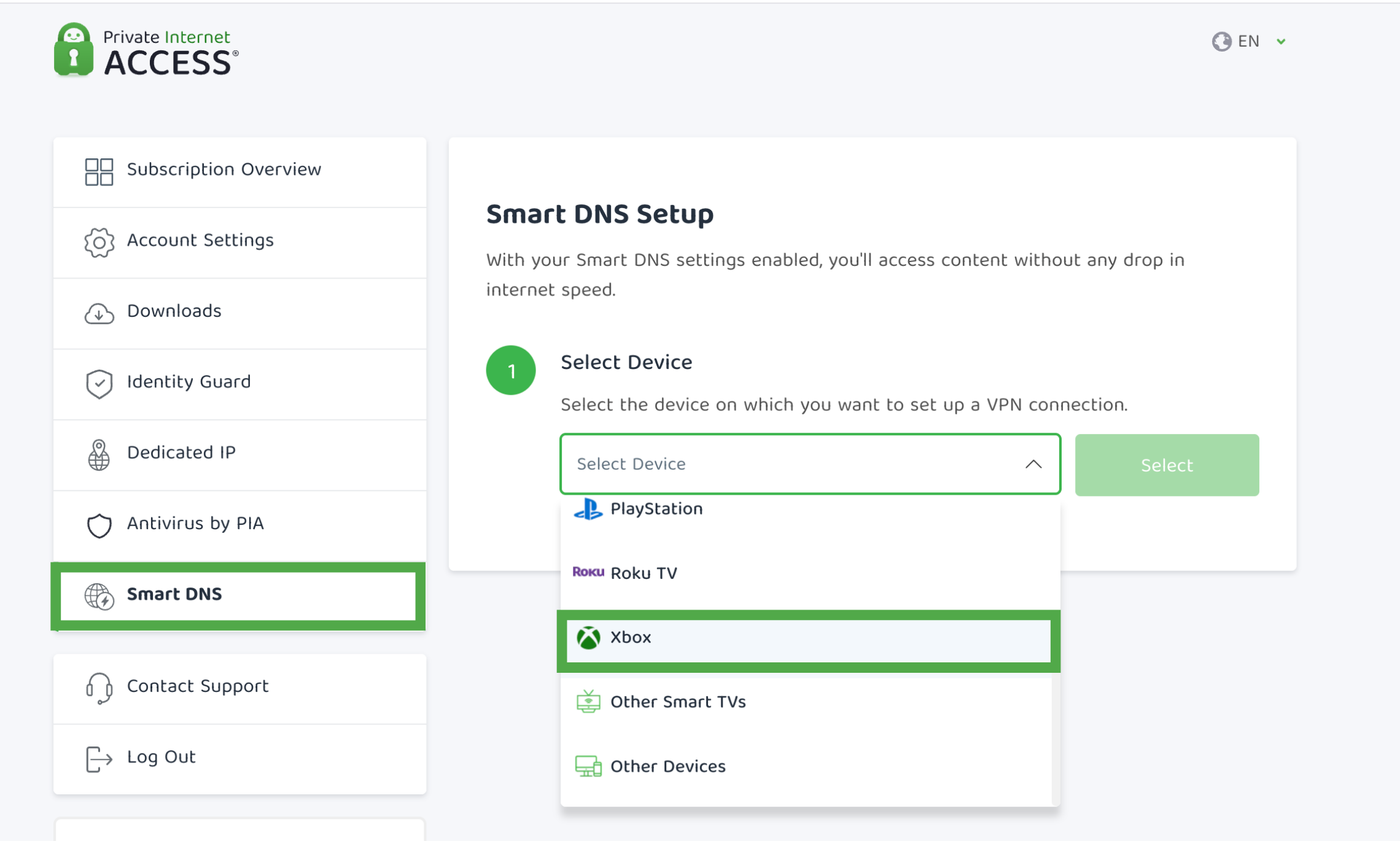 The Smart DNS tab in PIA's Client Control Panel, with a highlighted "Xbox" option from the dropdown menu.