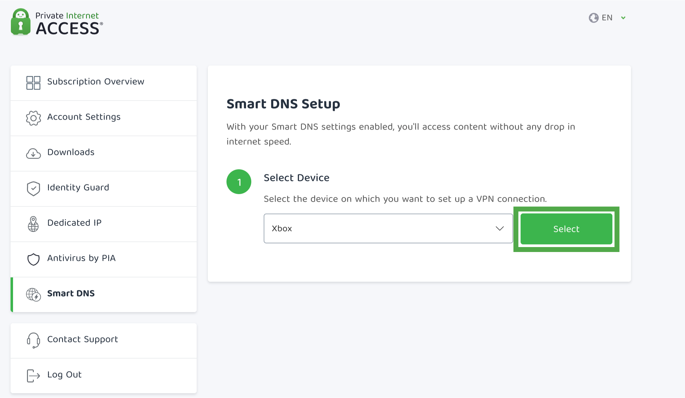 The Smart DNS Setup page in the PIA Client Control Panel, with a highlighted "Select" button under "Select Device."