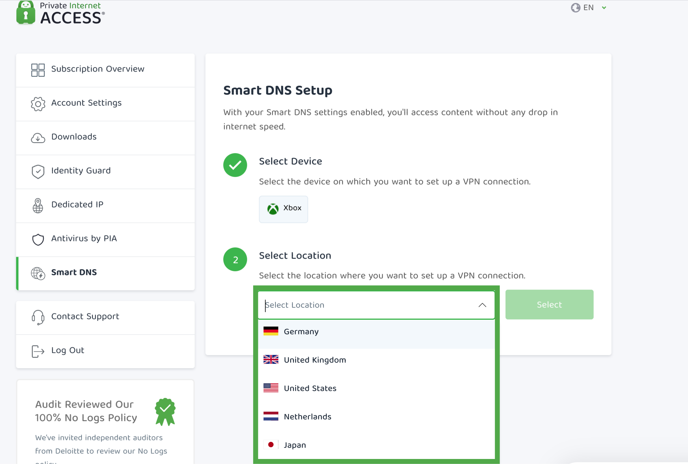 The Smart DNS tab in PIA's Client Control Panel, with a highlighted dropdown menu under "Select Location."