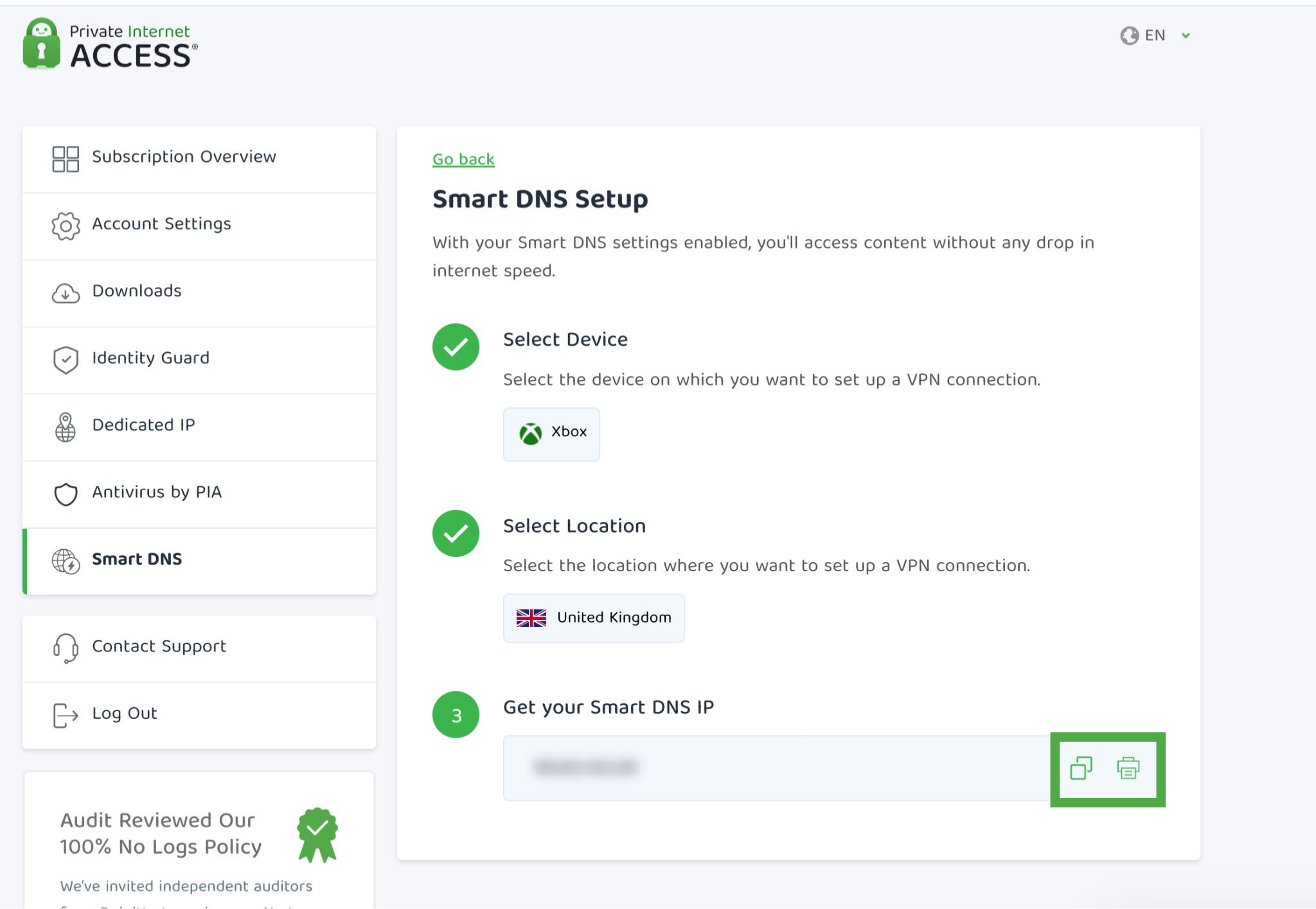 The "copy icon" and the "print icon" next to a generated Smart DNS IP address in the PIA Client Control Panel.