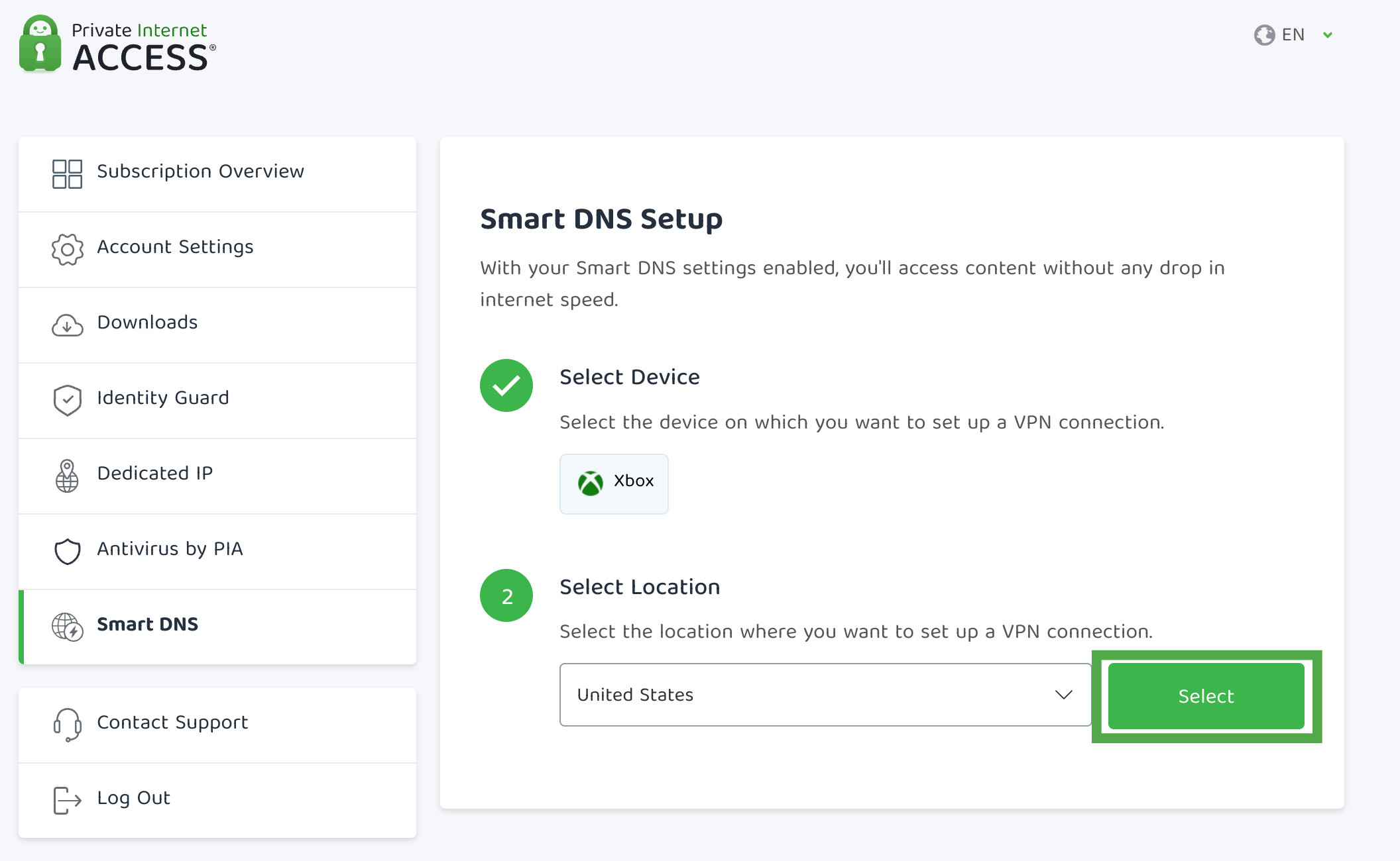The Smart DNS Setup page in the PIA Client Control Panel, with a highlighted "Select" button under "Select Location."