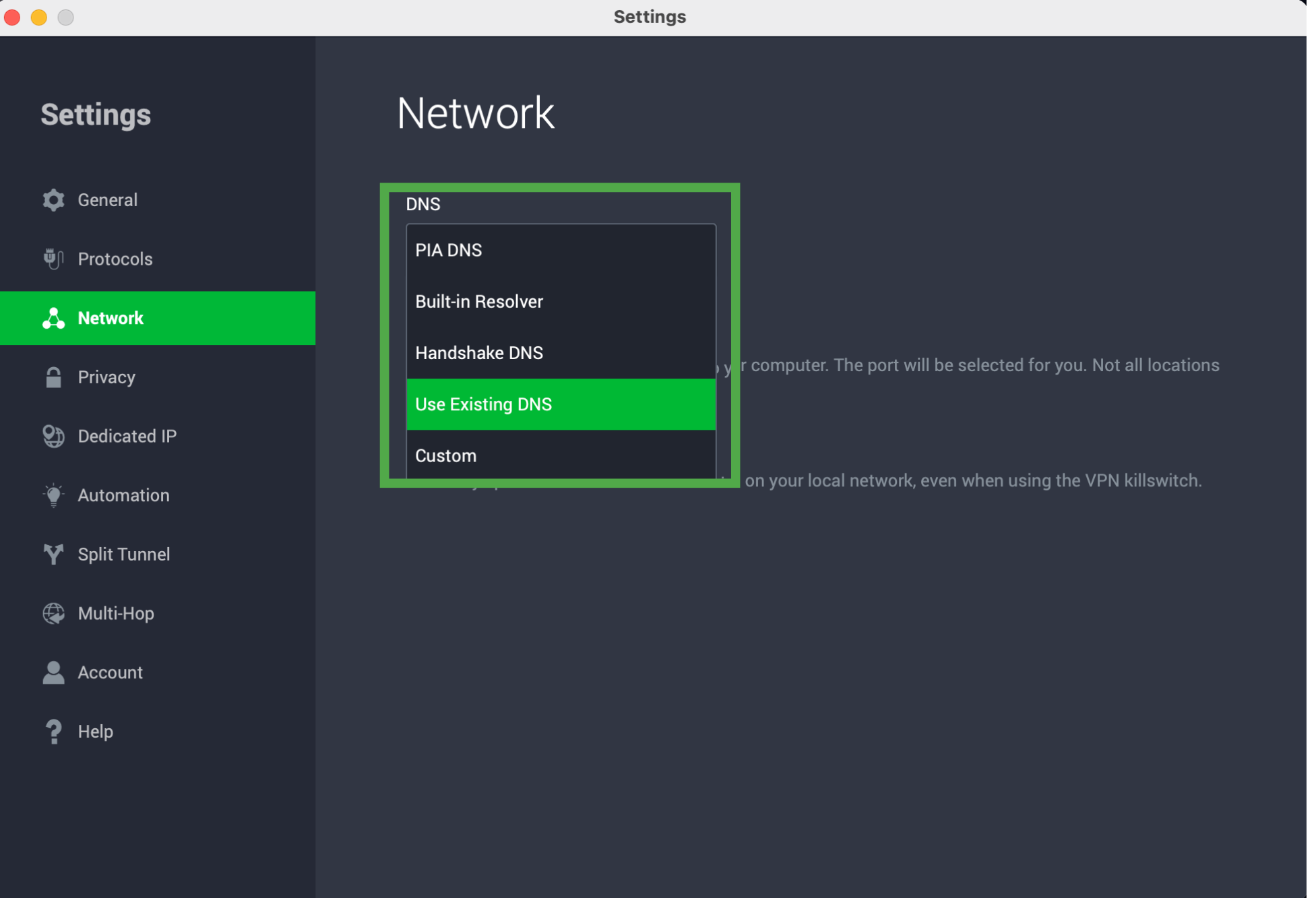 PIA Network settings with the DNS menu open and Use Existing DNS selected.